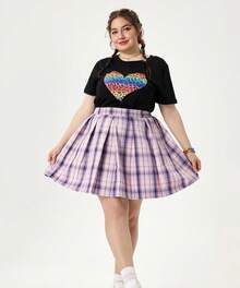 Plus Size Basic Versatile Stretchy Elastic Waist Flared Casual Mini Skater Skirt/Pleated Plaid Skirt For Women XL-5XL - A02-a261-màu tím - Xem 4