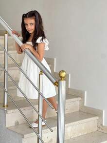 Square Neck Ruffle Sleeve Dress For Girls - Sweet A-Line Swing Dress For Tweens, Casual & Special Occasions - 白色 - 查看 5