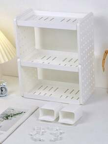 1pc Multifunctional Makeup Organizer Rack With Hook, Desktop Storage Shelf - White - View 5