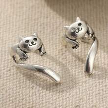 Cute Cat Shaped Retro Ear Clips, Creative Earrings, Suitable For Daily, Party And Holiday Wear, Fashion Jewelry Earrings For Women - Silver - View 4