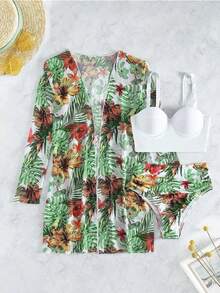 Women's Bikini Swimsuit Set + Kimono Beach Cover-Up, 3 Bikini Sets With Plant Print And Kimono For Summer At The Beach - Trắng-1 - Xem 4