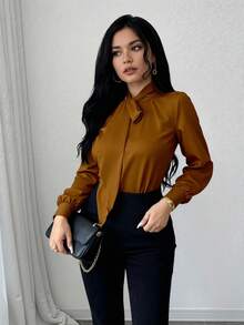 Women's Long-Sleeved Shirt / Side Tie Detail / Casual Fashion / Pocket / Buttons At The Front / Knot / Office - 巧克力棕 - 查看 4