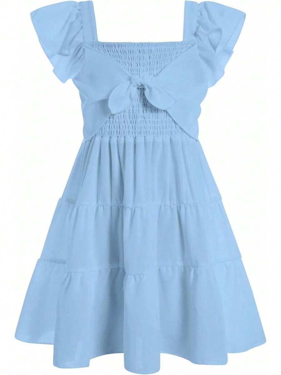 Square Neck Ruffle Sleeve Dress For Girls - Sweet A-Line Swing Dress For Tweens, Casual & Special Occasions - 藍色 - 查看 1