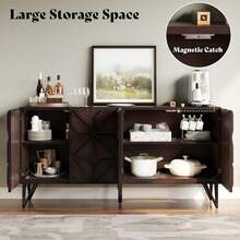 63 Inch Solid Acacia Wood Sideboard With Hand-Carved Geometric Doors – Dark Walnut Buffet Cabinet With Adjustable Shelves For Living Room & Kitchen - Dark Walnut - 查看 4