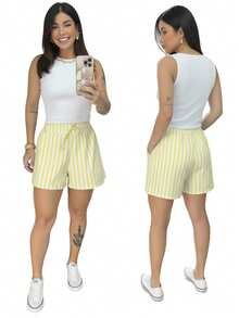 Striped Linen Shorts With Lined Pockets, Home, Beach, Night, Daily, Summer - 查看 1