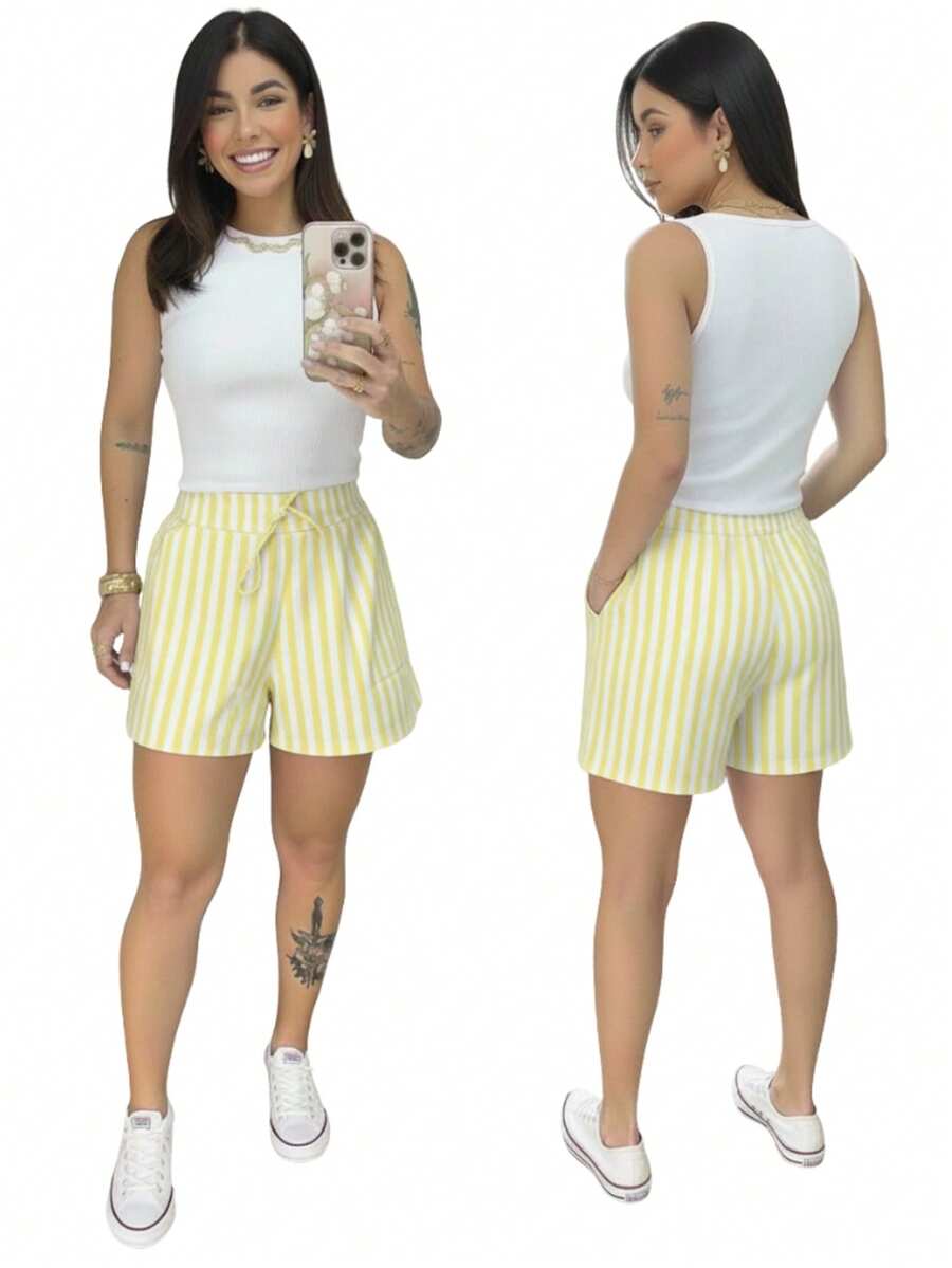 Striped Linen Shorts With Lined Pockets, Home, Beach, Night, Daily, Summer - 查看 1