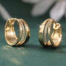 1 Pair Classic Elegant Gold Tone Women's Small Hoop Earrings, Inlaid With Lustrous Cubic Zirconia, Versatile For Daily Wear, Holiday And Birthday Gift - Gold - View 2