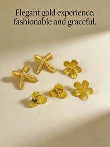 6-Piece Set - Gold-Tone Earrings, Stainless Steel, Multi-Element Design, Elegant Style, Hypoallergenic Stainless Steel Earring Set, Perfect Gift For Besties - Multicolor - View 4