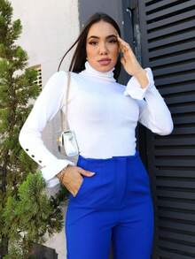 Women's Knit Blouse With Flare Sleeves And Button Detail - White - View 1