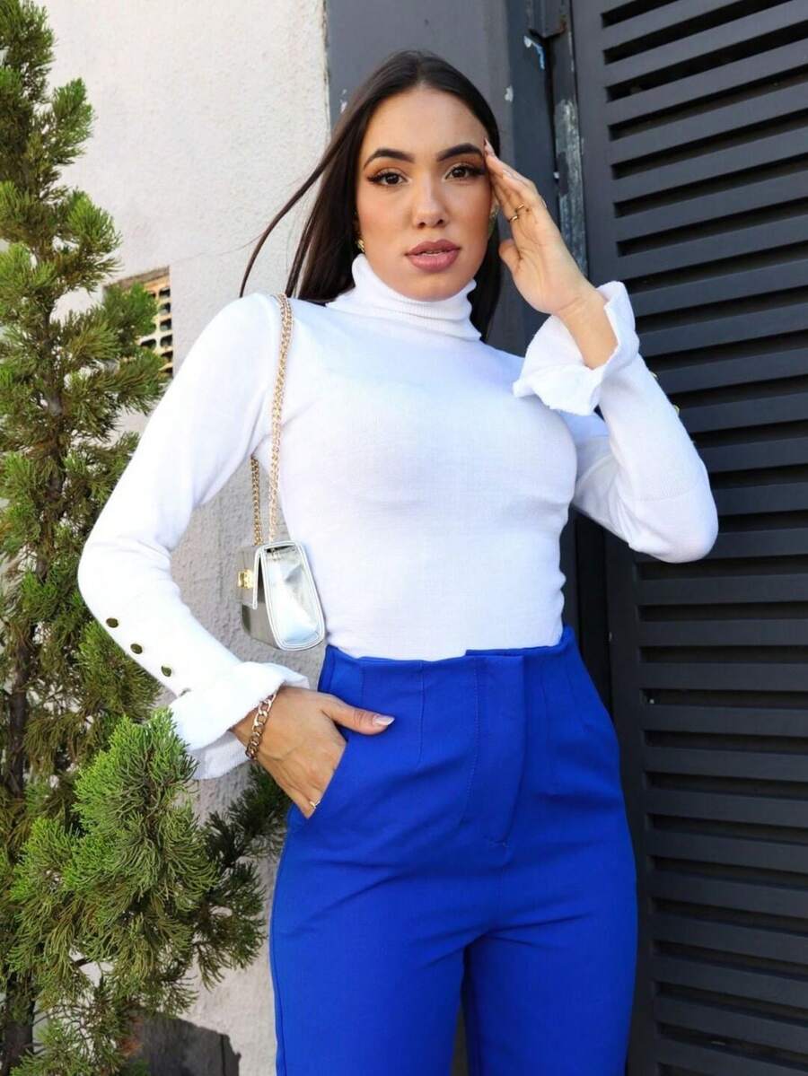 Women's Knit Blouse With Flare Sleeves And Button Detail - White - View 1