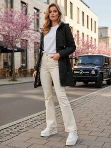 Áo khoác parka nữ mùa chuyển tiếp, eo điều chỉnh được, mũ trùm đầu có thể tháo rời, khóa đôi với khóa kéo và nút bấm, chiều dài dài hơn bình thường, có túi, có lớp lót, áo khoác có mũ điều chỉnh được cho nữ, dài đến đùi, có túi bên trong. - màu đen - Xem 2