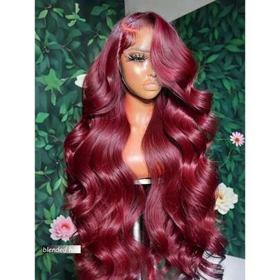 180% T型假发，波浪卷发，蕾丝前假发，真人发混纺，无胶假发，女士透明蕾丝前假发，长款波浪卷发，挑染真人发混纺蕾丝假发，自然色99J酒红色波浪卷发，13x4，10-36英寸