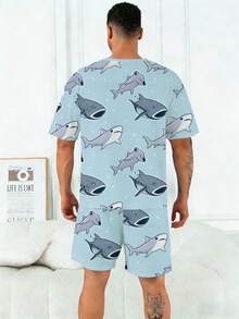 加大码男士睡衣套装 | 圆领短袖上衣和松紧腰休闲短裤，两件套 | 涤纶针织面料，亲肤透气，宽松版型 | 可爱海底世界印花休闲设计 - 霧霾藍 - 查看 6