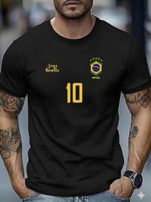 Men's Brazil T-Shirt – Team 10 Jersey, Plays Beautifully, Casual Sporty Style, Premium 100% Cotton Fabric, Immediate Shipping, PROMOTION - 黑色 - 查看 1
