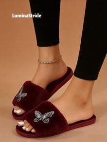 Women's Fluffy Faux Fur Slippers With Rhinestone Butterfly Decor, Flat Open Toe, Comfortable Luxury Slippers In Wine Red - Burgundy - View 2