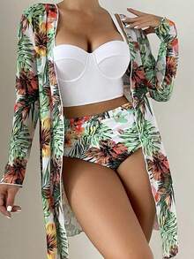 Women's Bikini Swimsuit Set + Kimono Beach Cover-Up, 3 Bikini Sets With Plant Print And Kimono For Summer At The Beach - Trắng-1 - Xem 2
