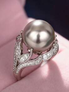 1 PC Elegant Cubic Zirconia & Faux Pearl Ring For Women For Valentine's Day Gift Wedding Anniversary Party Jewelry - 1# - View 3