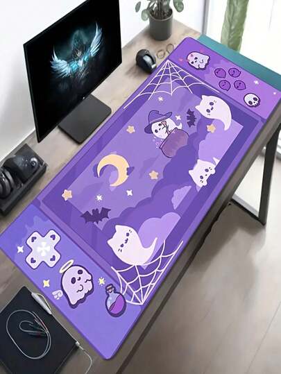 1pc Large Size E-Sports Gaming Mouse Pad, Purple Background With Cute Ghost Cat Decor Pattern, Also Can Be Used As Keyboard Pad, Desk Mat Or Book Stand, For Office And Dorm, Holiday And Birthday Gift, Compatible With Mouse And Trackball