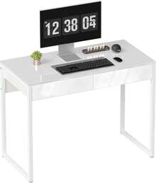Scrivania Salvaspazio 100x50 cm con 2 Cassetti, Tavolo Computer Moderno con Gambe in Acciaio e Regolabili per Ufficio, Studio, Soggiorno e Camera da Letto, Bianco Lucido - Bianco - Visualizzare 1