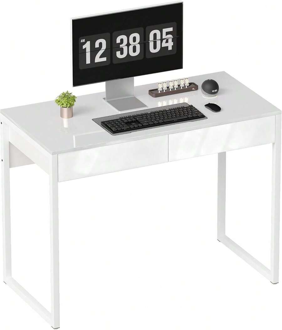 Scrivania Salvaspazio 100x50 cm con 2 Cassetti, Tavolo Computer Moderno con Gambe in Acciaio e Regolabili per Ufficio, Studio, Soggiorno e Camera da Letto, Bianco Lucido - Bianco - Visualizzare 1