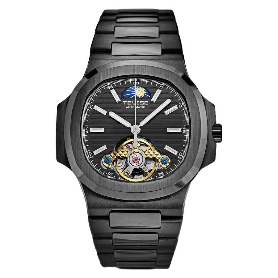 TEVISE Men's Automatic Mechanical Watch Large Retro Square Dial Transparent Case Tourbillon Stainless Steel Strap - All Black - View 1