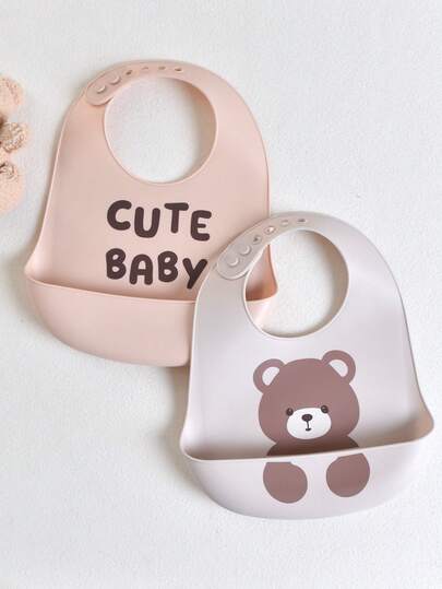 2pcs/1pc Baby Silicone Bibs - Leakproof, Stain-Resistant, Soft, Adjustable, Boil-, Portable, Cartoon Design, Suitable For Baby Daily Use & Outdoor Dining