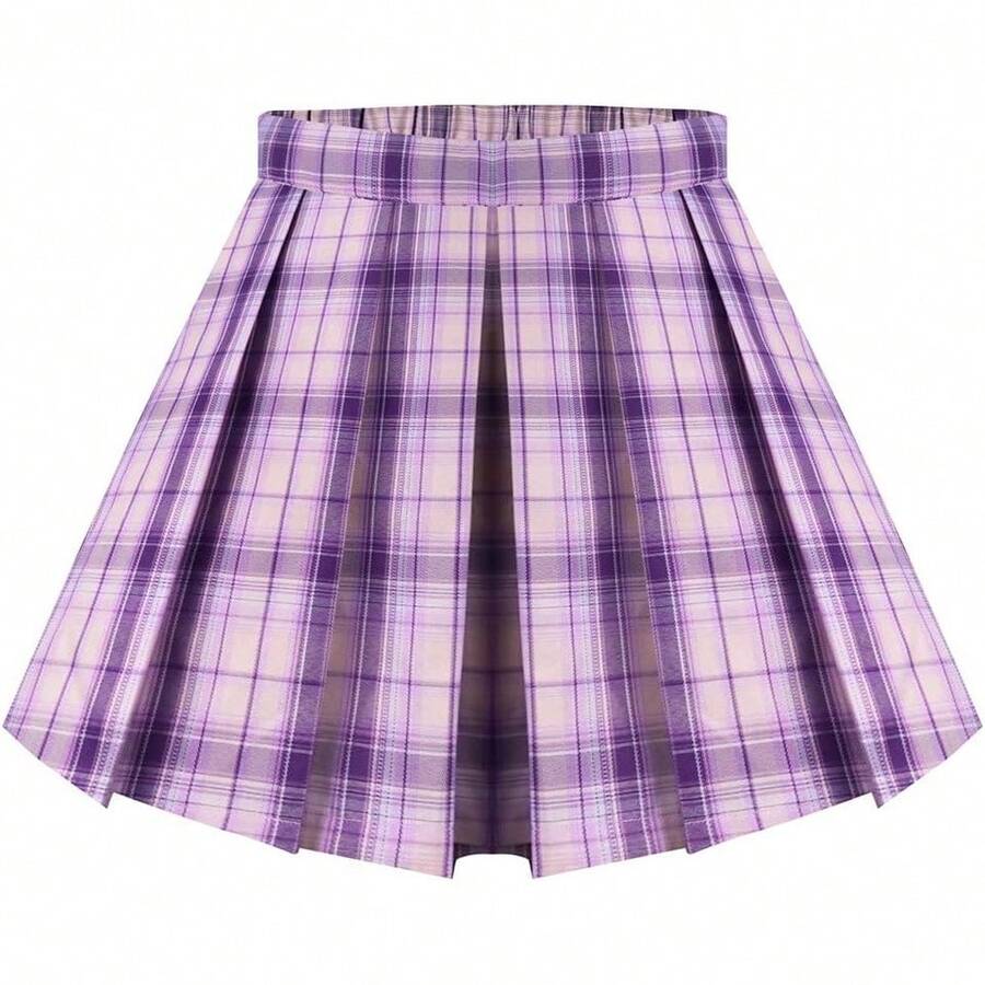 Plus Size Basic Versatile Stretchy Elastic Waist Flared Casual Mini Skater Skirt/Pleated Plaid Skirt For Women XL-5XL - A02-a261-màu tím - Xem 1