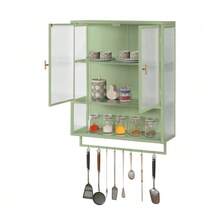 Moderno mobiletto a parete con due ante in vetro, largo 60 cm, dotato di due ripiani chiusi, un ripiano aperto e un portasciugamani. Ideale per l'ingresso, il soggiorno, il bagno o la sala da pranzo. Colore: verde. - verde acido - Visualizzare 8