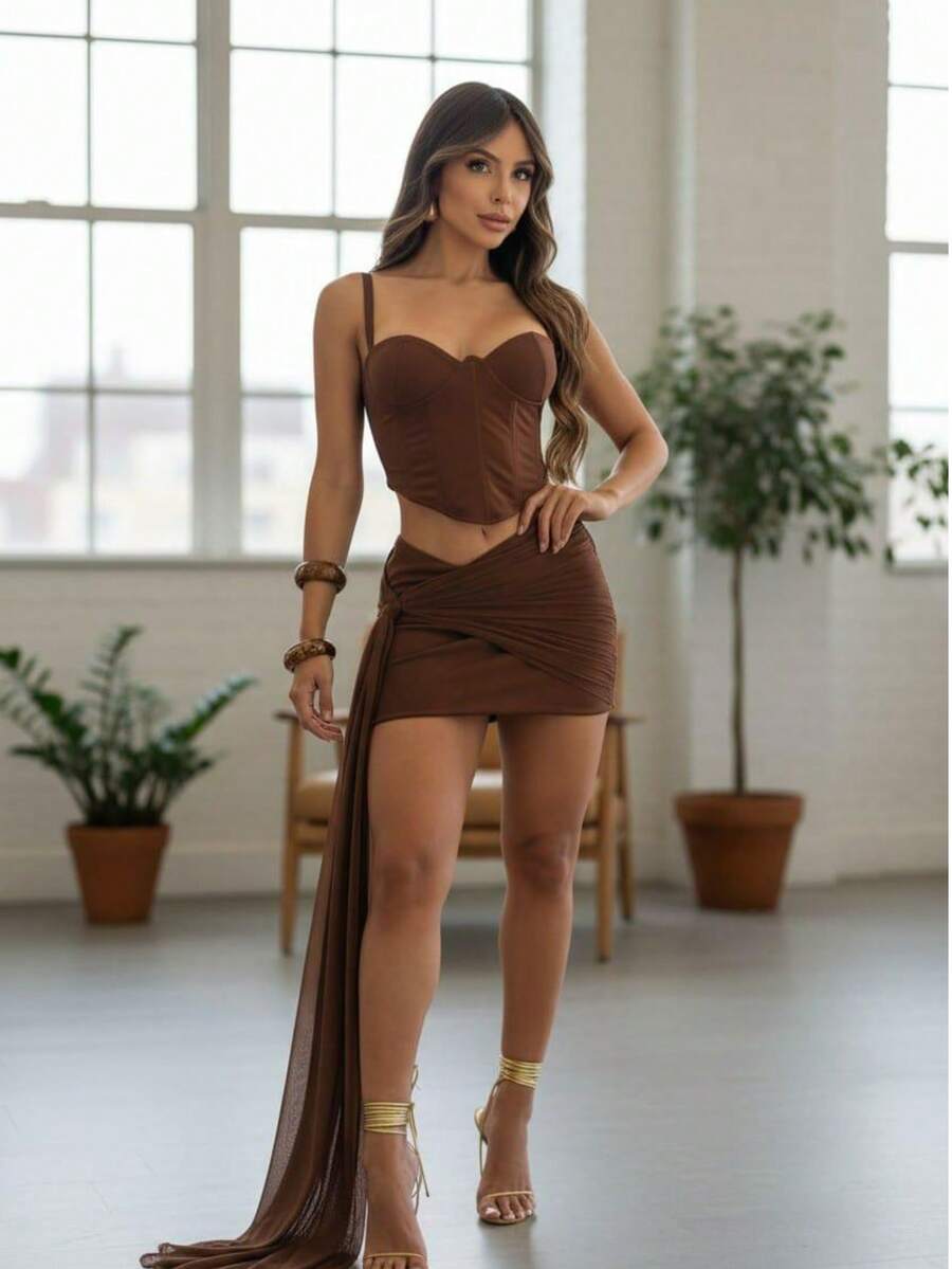 Margot Luxury Premium Women's Set With Draped Skirt With Tulle Slit + Corset-Style Blouse - Elegant Fashion - 鏽棕色 - 查看 1