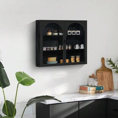 Modern 70cm Wall-Mounted Cabinet With Two Glass Doors And Three Storage Levels, Ideal For The Entryway, Living Room, Bathroom Or Dining Room. Features A Distinctive Woven Pattern In Black.