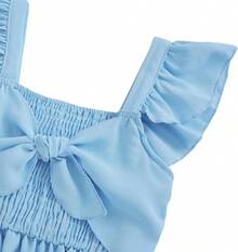 Square Neck Ruffle Sleeve Dress For Girls - Sweet A-Line Swing Dress For Tweens, Casual & Special Occasions - 藍色 - 查看 5