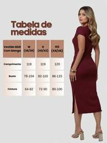 Women's Midi Dress With Short Sleeves And Side Slits - Redwood - View 7