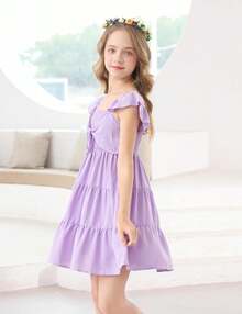 Square Neck Ruffle Sleeve Dress For Girls - Sweet A-Line Swing Dress For Tweens, Casual & Special Occasions - 紫色 - 查看 3