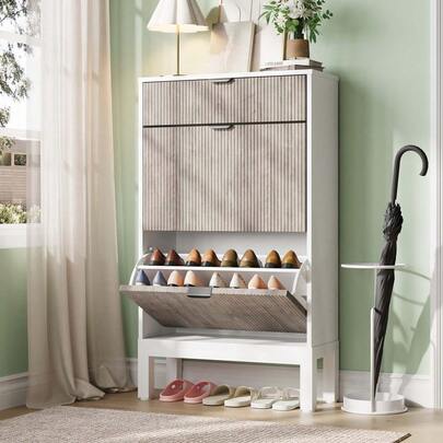 Shoe Cabinet With 2 Flip Doors & 1 Drawer, Entrance Wooden Shoe Rack With Iron Legs, Slim Shoe Storage Cabinet, Modern Fluted Shoe Organizer For Entryway Hallway