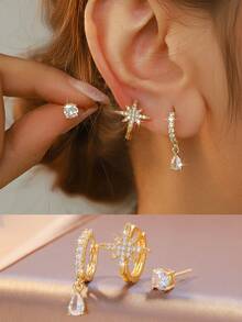 3pcs Set Elegant Fashion Copper Zirconia Inlaid Cross, Flower, Octagram, Teardrop Pendant Earrings, Luxury High-End Fashion Earrings, Wedding, Mother's Day Jewelry - Gold - View 2