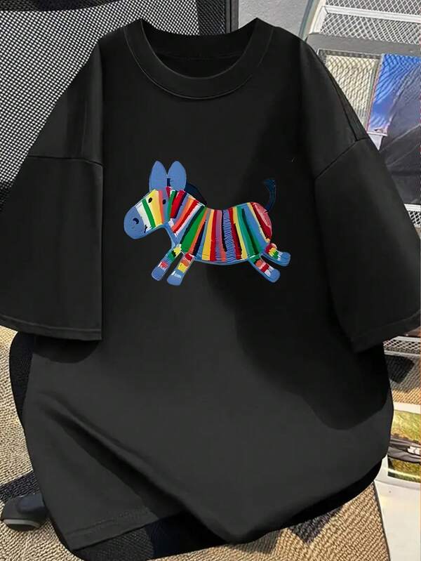 Japanese Style Women's Loose Fit Round Neck Casual Versatile Printed Short Sleeve T-Shirt, Spring/Summer Black