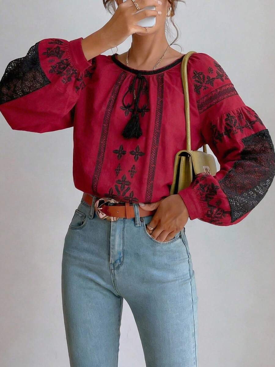 Women's Bohemian Style Embroidered Collar Long Sleeve Drop Shoulder Regular Blouse, Elegant Button Front Top - Red - View 1