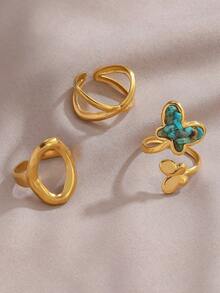 3pcs/Set Stainless Steel 18K Gold Plated Butterfly, Cross, And Line Design Open Rings, Suitable For Women's Daily Wear - Gold - View 4