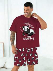 Ensemble pyjama grande taille pour hommes , Top à col rond et manches courtes, short décontracté à taille élastique, ensemble 2 pièces , Tissu en tricot de polyester, doux et respirant, coupe ample , Design décontracté mignon avec imprimé panda "Continuer à dormir" - Rouge foncé - Voir 7