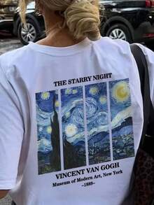 Women's Van Gogh T-Shirt With Back Design, Maximum Comfort, Casual Style, 100% Cotton, Short Sleeves And Crew Neck. - 白色 - 查看 2