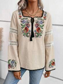 Women's Bohemian Style Embroidered Long Sleeve Drop Shoulder Blouse, Tie Neck, Button Front, Regular Length, Non-Stretch Fabric - Beige - View 2
