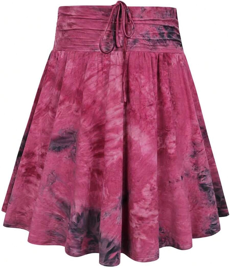 Plus Size Basic Versatile Stretchy Elastic Waist Flared Casual Mini Skater Skirt/Pleated Plaid Skirt For Women XL-5XL - A1-紅色紮染 - 查看 1