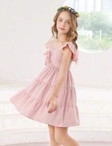 Square Neck Ruffle Sleeve Dress For Girls - Sweet A-Line Swing Dress For Tweens, Casual & Special Occasions - 粉色 - 查看 3