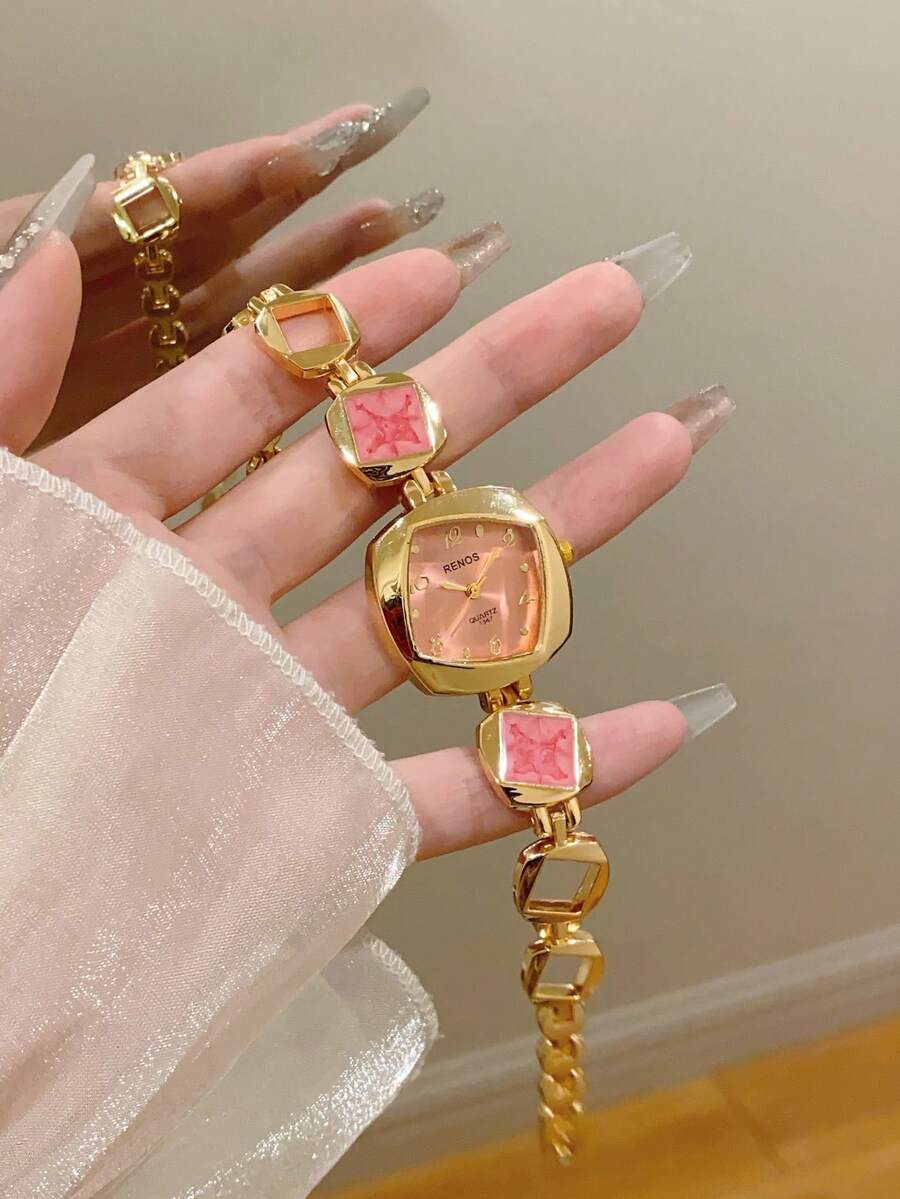 1件女款金色合金不規則手鍊手錶,時尚阿拉伯數字錶盤,石英機芯,可調節錶帶,適合日常裝飾 - 粉色 - 查看 1