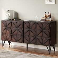 63 Inch Solid Acacia Wood Sideboard With Hand-Carved Geometric Doors – Dark Walnut Buffet Cabinet With Adjustable Shelves For Living Room & Kitchen - Dark Walnut - 查看 9