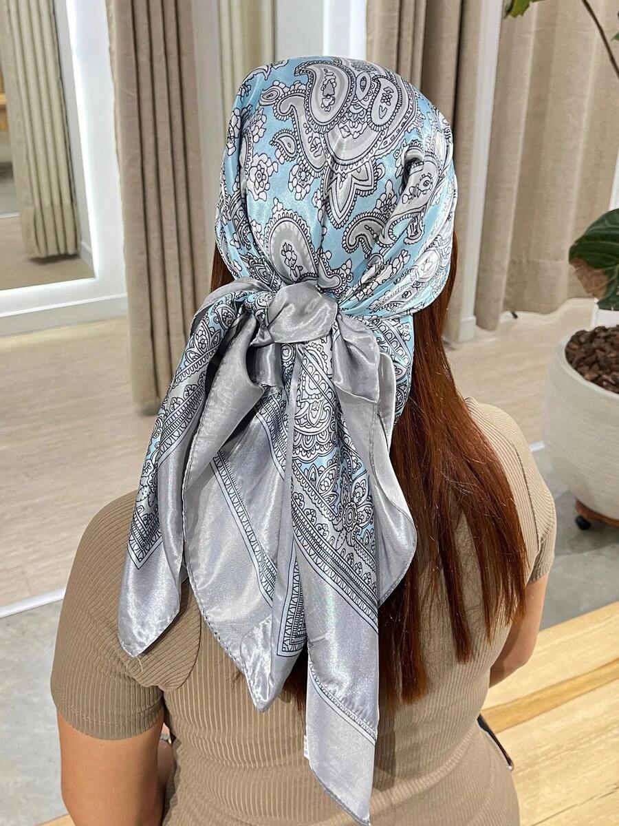 Women's Satin Scarf 90x90 Large Multipurpose Hairband - Màu Xám nhạt - Xem 1