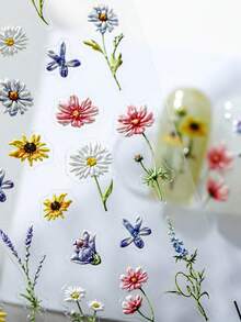 1张“遇见花海”彩色盛开花瓣雏菊向日葵野花薰衣草美甲贴纸，5D立体花园美甲贴花，自粘式美甲装饰，适合女性和女孩 - 彩色 - 查看 4