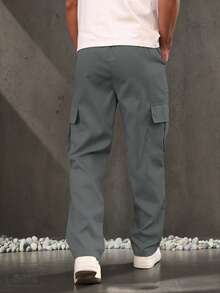 Men's Fashion Cargo Pants, Straight Leg, Elastic Waist, Loose Fit, Solid Color, Single Side Embroidered Logo, Long Pants - Grey - View 2