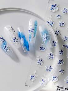 1 Peça Adesivos de Arte de Unhas Floral Azul Ombré com Pétalas em Flor, Estampa Xadrez, Decalques de Unhas Autoadesivos de Aquarela 5D Modernos, Acessórios de Manicure para Mulheres e Meninas - Multicolorido - Visão 3