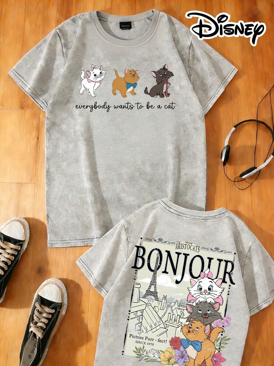 Disney Official Authorization | Women's 100% Washed Cotton Short-Sleeve T-Shirt With Double-Sided Prints From The Aristocats. The Three Cats-Marie, Toulouse, And Berlioz-Are Playfully Lined Up, Paired With The English Slogan "Everybody Wants To Be A Cat". The Lines Are Fresh And Cute, Full Of Retro Childlike Fun. The Fabric Is Non-Transparent, Machine Washable, Versatile And Practical, Suitable For Daily Outings And Matching Outfits With Girlfriends. - 灰色 - 查看 1